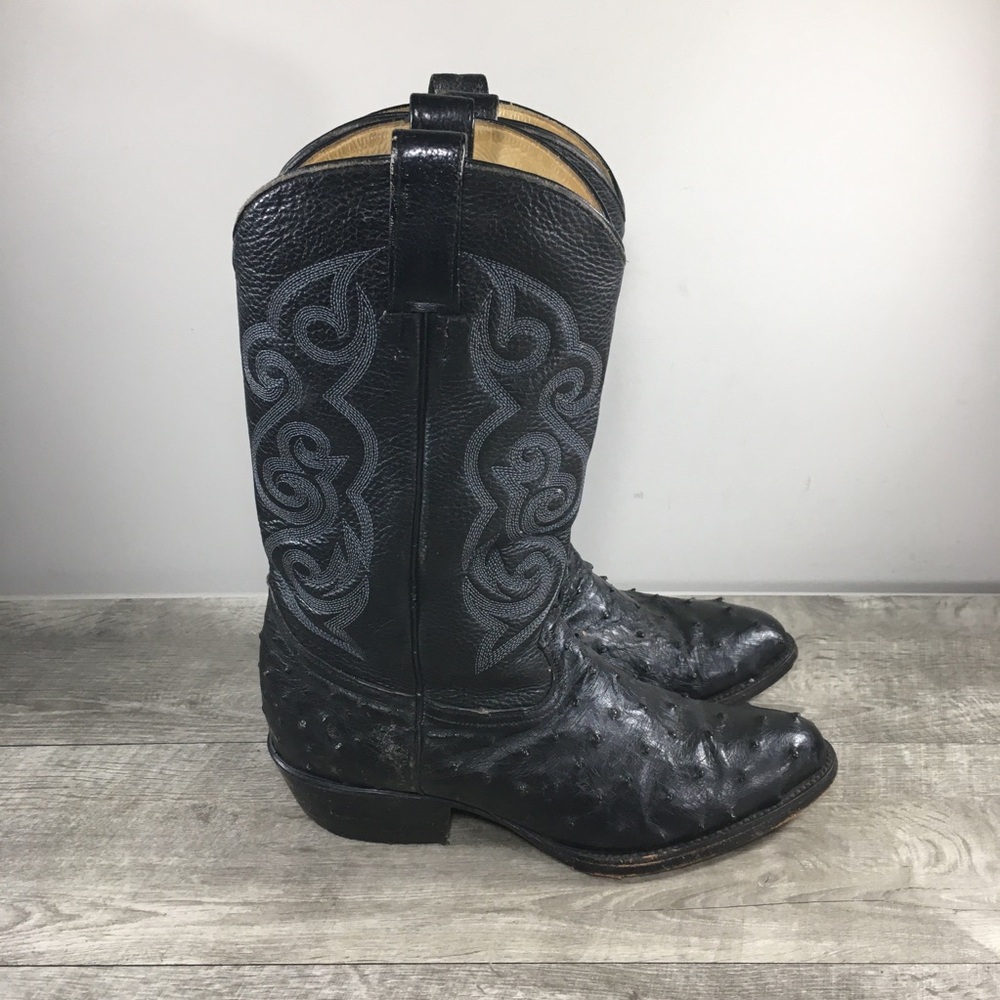 Vintage African Ostrich Black Leather Cowboy Western Men's Pull On Boots Size 10